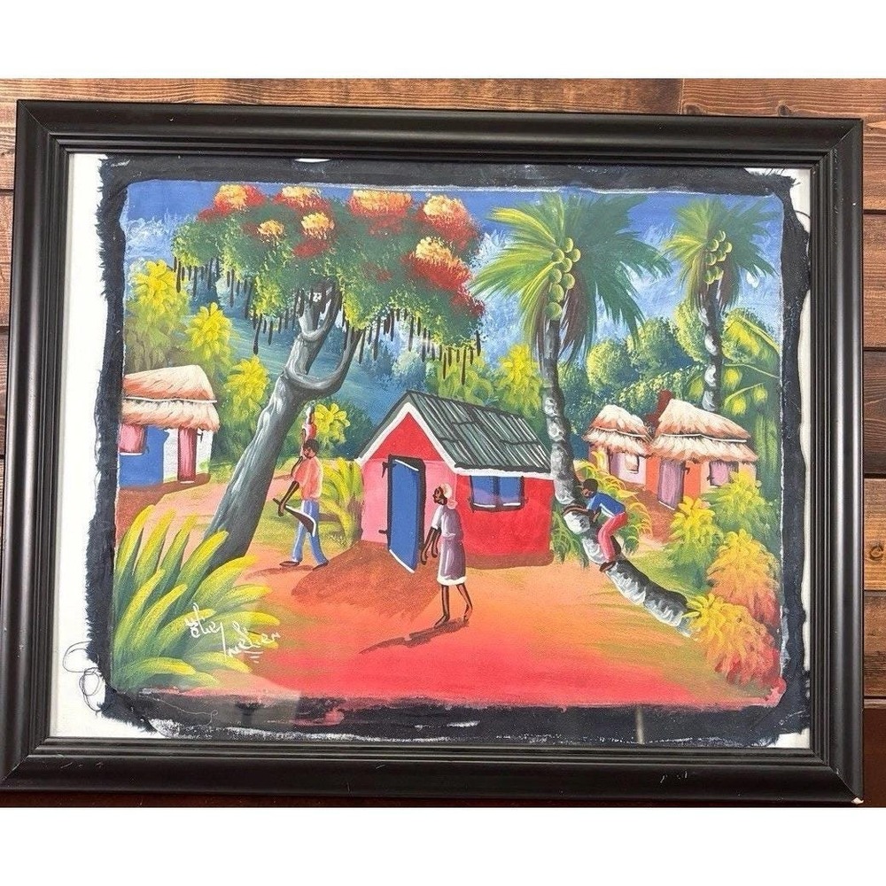 Vintage Signed Original Folk Art Painting Colorful Southern Scene Unknown Artist